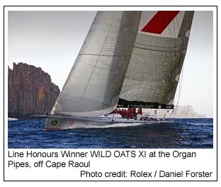 Line Honours Winner WILD OATS XI at the Organ Pipes off Cape Raoul, Photo credit: Rolex / Daniel Forster